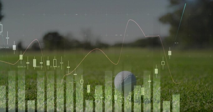 Resting white golf ball sitting on putting green with candlesticks, trend lines, grid, copy space
