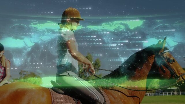 Woman rider guiding horse, causing map overlay marking rein and posture for equestrian training