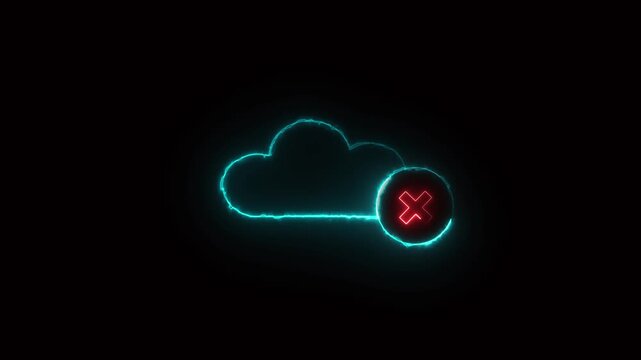 Glowing cyan cloud icon with red cross mark on black background. Cloud icon technology. Professional glowing cyan cloud icon for data connection failure and server error.