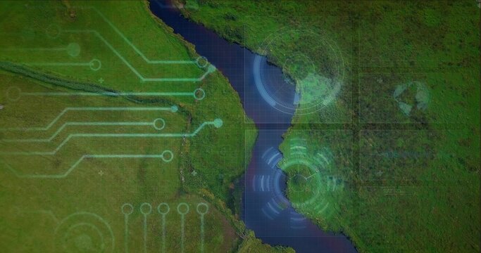 Mapping winding river snaking through green fields, marsh, adding circuit traces, HUD rings, tracks