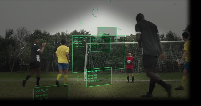Standing goalkeeper holding soccer ball near goal at park pitch, wearing red jersey, showing AR HUD