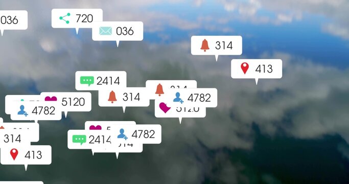 Floating social callouts hovering above clouds, showing chat bell heart pin icons with counters
