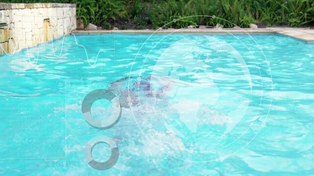 Male swimmer swimming toward pool edge, first strokes causing HUD display, splashing for training
