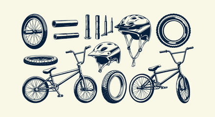 Naklejka premium Vintage hand-drawn BMX bicycle set with extreme sports gear helmets wheels and bike parts vector