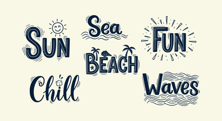 Hand drawn summer lettering collection with words sun sea beach fun chill and waves for vacation © Bilkis Islam