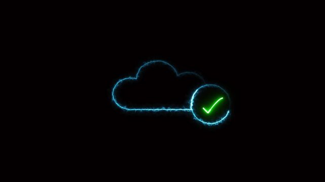 Glowing cloud icon with checkmark on black background. Cloud icon verified. Professional glowing cloud icon for secure data storage and information safety confirmation.