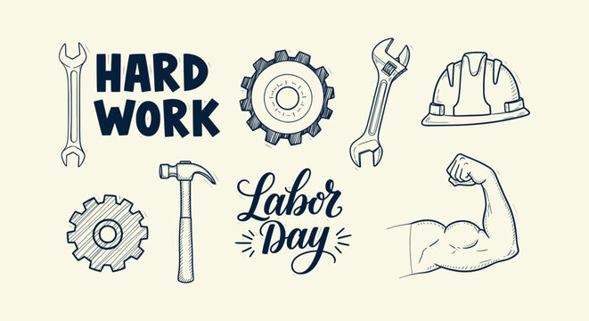 Labor Day celebration hand drawn doodle set with industrial tools and hard work lettering concept