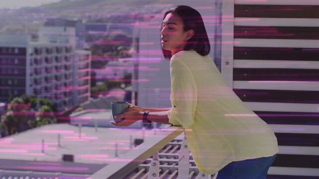 Woman cradling mug on balcony, shifting weight and scanning city, lifestyle, magenta lines crossing