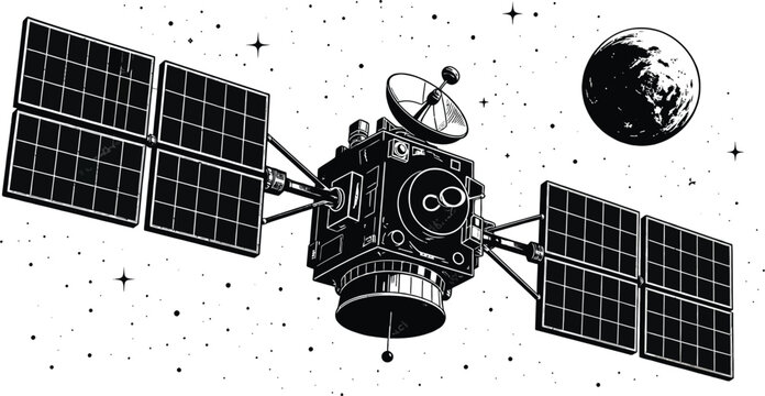 A satellite with solar panels and a dish antenna Vector

