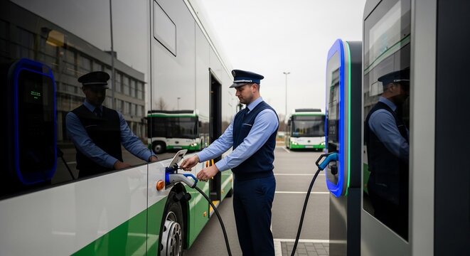 Man in uniform charging an electric bus at a depot with multiple buses and charging stations.