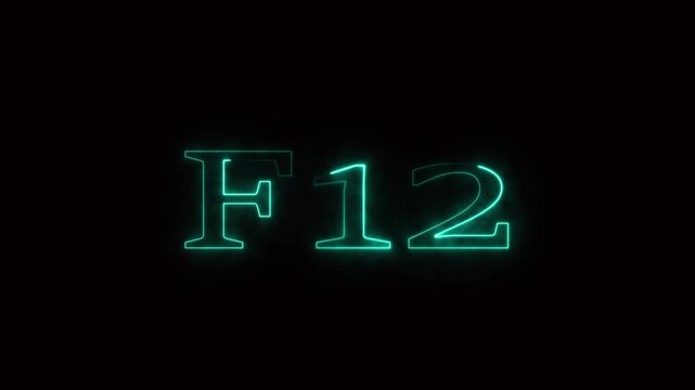Glowing cyan neon F12 text against black with subtle glow. F12 text key. Professional glowing cyan neon F12 text for computer keyboard and software function visuals art.