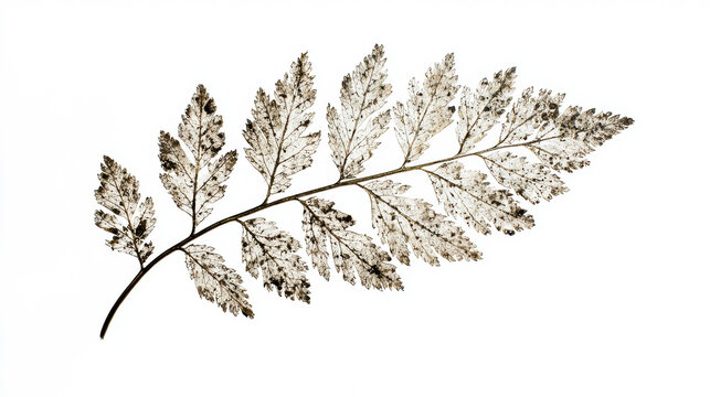 A delicate fern frond, its intricate leaf pattern rendered in subtle monochrome tones, floats against a stark white background, emphasizing its graceful form.