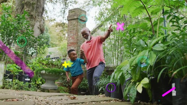 Grandpa pointing, guiding grandson along garden path for education, graphics overlaying plants