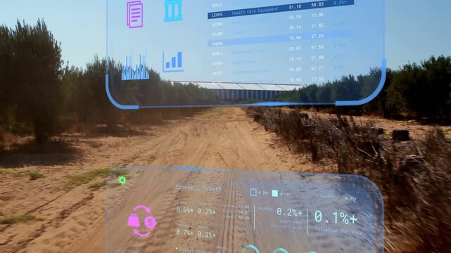 HUD emerging from lower view, populating charts over sandy dirt track, showing farm analytics