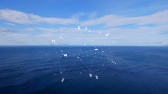 Wide ocean shot causing faint wireframe appearing, rotating, pulsing, and showing currency flow