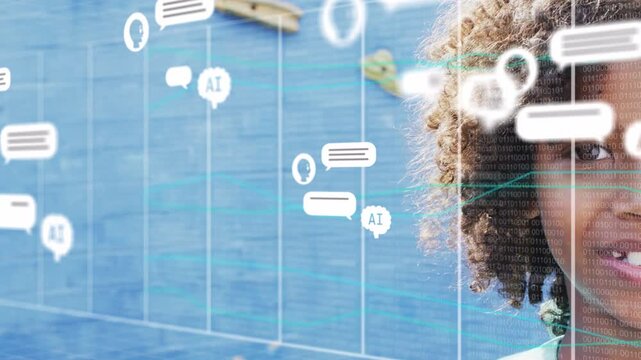 Boy standing right of blue wall, overlay spawning AI chat icons, tech chat partially covering face