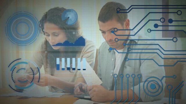 Couple spotting receipts pile, sorting papers, using calculator and reconciling finances with HUD