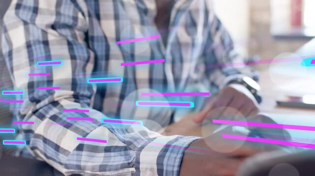 Man tapping tablet, camera pulling back, neon streaks sweeping across hands, demoing tech interface