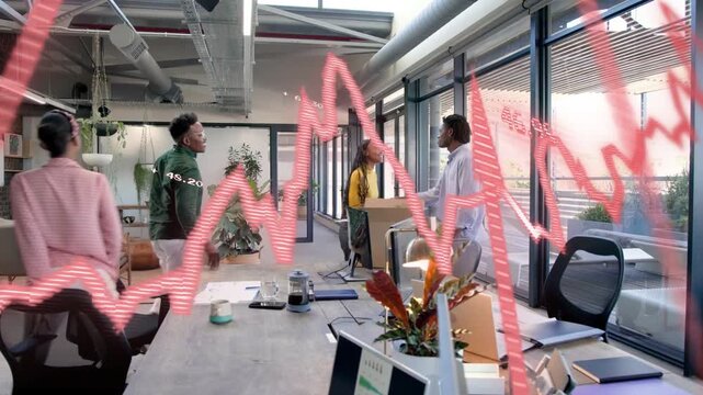 Man bringing plant entering office, team greeting him, waveform moving across front masking faces