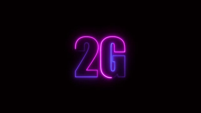 Neon 2G symbol glowing pink and purple on black background. 2G symbol network. Professional neon 2G symbol for mobile communication and wireless network technology visuals.
