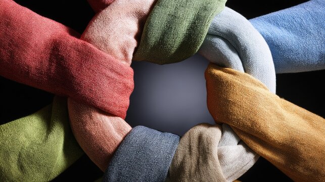 multicultural. Abstract interlocking colored fabric strips forming a circle, representing unity and multicultural harmony. event programs.