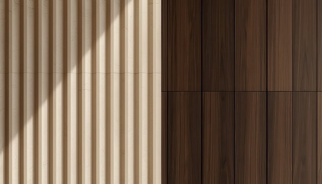 Architectural close-up of fluted travertine stone wall intersecting with dark wood paneling