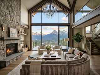 Fototapeta premium Large cozy living room with a stone fireplace and mountain view through tall windows. A chandelier hangs above the furniture and hardwood floors.