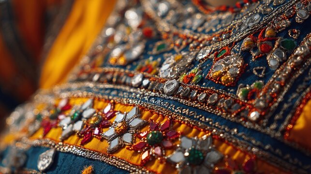 shockabsorber. Close-up of a traditional garment with intricate mirror work and silk embroidery. STEM education sheets, lab safety posters, designed for biotech research communications.