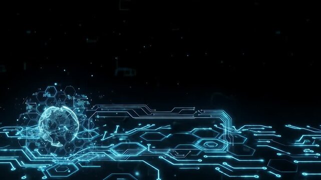 The video showcases a digital wireframe animation on a black background, featuring a glowing globe surrounded by hexagonal patterns resembling a circuit board.