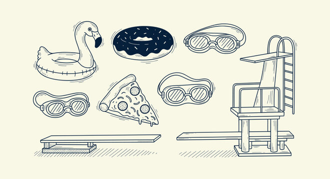 Hand-drawn swimming pool accessories set with flamingo floatie, diving board and goggles elements