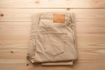 Fototapeta premium Folded Sand Beige Denim Jeans Brand Patch Model