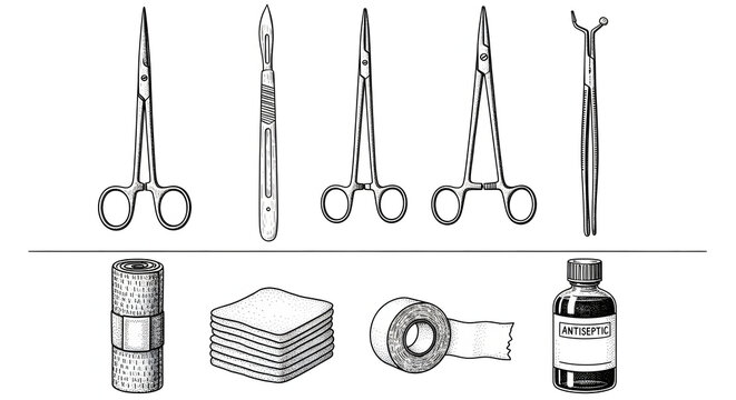 Vintage Medical Instruments and First Aid Supplies Illustration