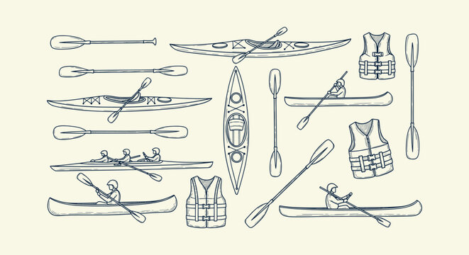 Hand-Drawn Kayaking and Canoeing Gear Illustration Set Featuring Paddles, Boats, and Life Jackets
