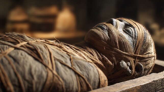 sarcophagus. Ancient Egyptian mummy in stone sarcophagus with linen bandages, museum display. event programs, museum guides, designed for cultural heritage projects and event programs.