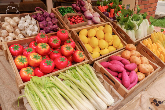 Fresh Fruits and vegetables at a farmer market,raw fruits,nutrition,organic,healthy eating or shopping in a grocery store.