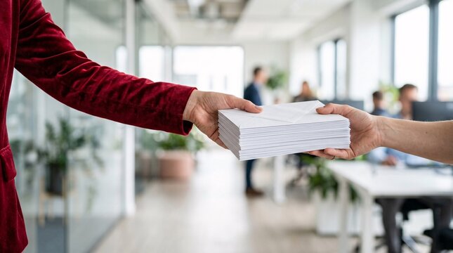 Red velvet sleeve adorns an arm handing over a thick stack of crisp white paper envelopes against a softly blurred modern office interior.