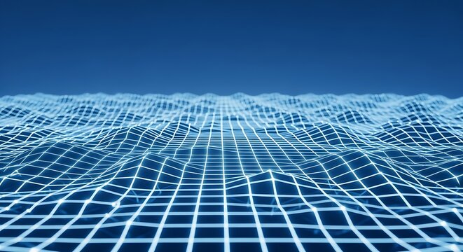 Abstract digital grid landscape with glowing blue lines representing data flow and network connections on a dark background