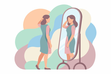 Obraz premium Young woman looking at her reflection in a floor mirror