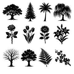Obraz premium Professional Detailed Botanical Silhouette Collection, Intricate Trees and Flowers Vector Pack.