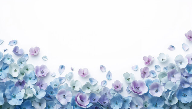 白へとなじむ青紫の花が美しく広がる抽象的な背景用フラワー写真