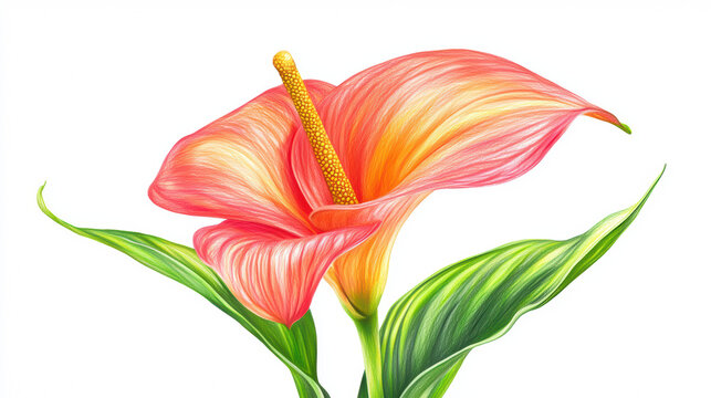 A digitally painted calla lily illustration displays vibrant orange and pink petals with detailed green leaves against a clean, minimalist white background art.