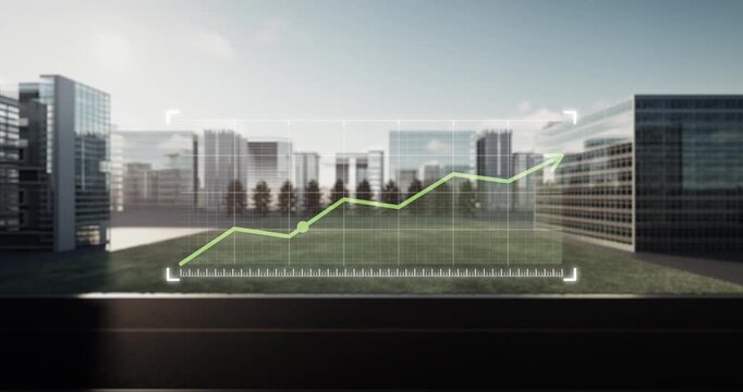 3D rendering of vacant land in modern urban setting, surrounded by contemporary city skyline. Dynamic rising green graph with upward arrow overlaid on scene, symbolizing increasing land value.