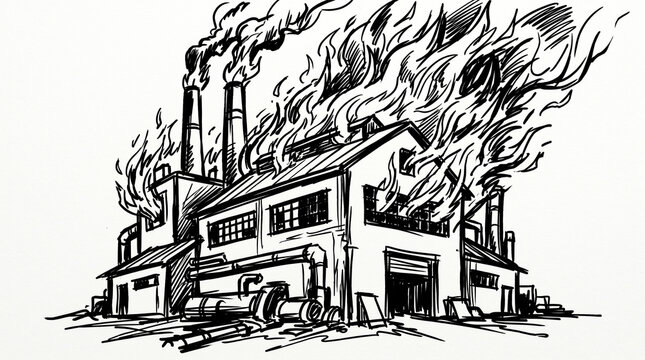 Sketch of a factory on fire with flames and smoke billowing from the chimneys and roof industrial accident structural damage industrial building