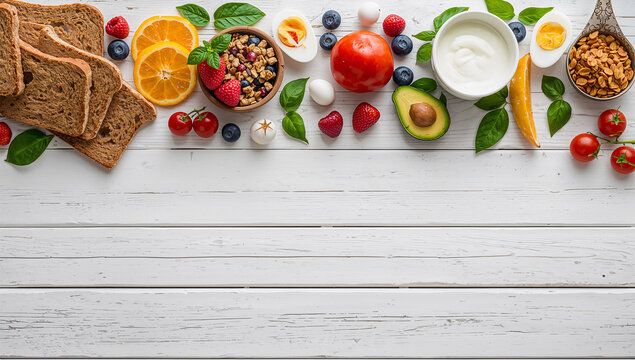 白木の背景に朝食食材を並べたヘルシーな料理写真