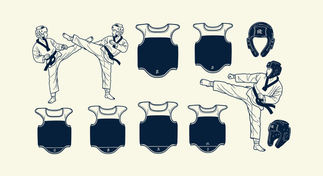 Taekwondo Fighters and Protective Equipment Set Featuring Chest Guards and Helmets Line Drawing