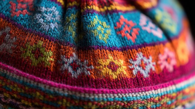deontology. Colorful traditional Andean knitted hat with intricate geometric patterns. event programs, museum guides, designed for cultural heritage projects and event programs, preserves heritage.