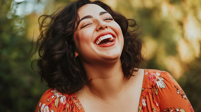Plus-size woman laughing joyfully in a natural outdoor setting