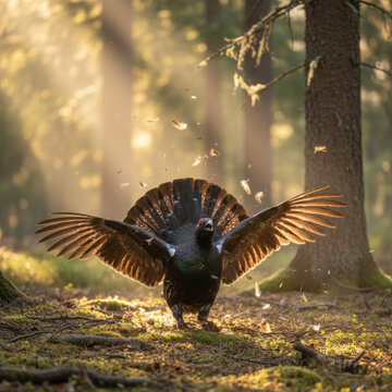 Capercaillie bird display in sunlit forest with fanned feathers for wildlife education materials and nature conservation projects