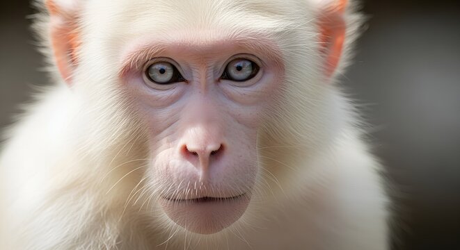 Close up portrait of an albino monkey with light fur and piercing blue eyes in natural light