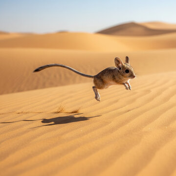 Desert jerboa jumping across sand dunes with long tail in bright daylight for a minimalist nature shot.